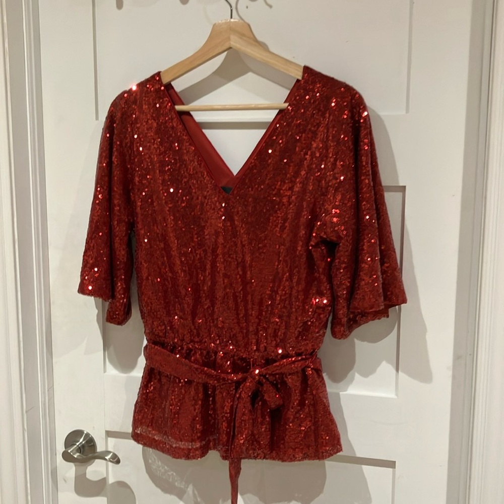 BOLD Elements Red Sequin Flutter Sleeve Blouse